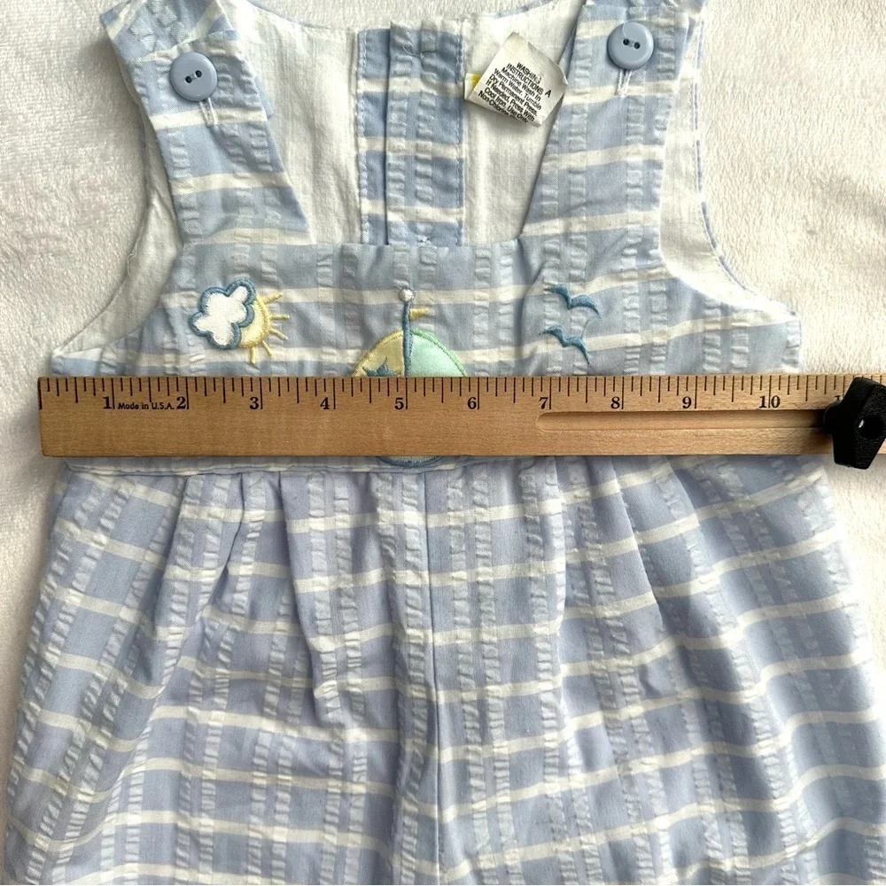 Vintage Overalls Romper Blue & White Plaid Baby Boy 3/6M Sailboat Boat Sun Scene